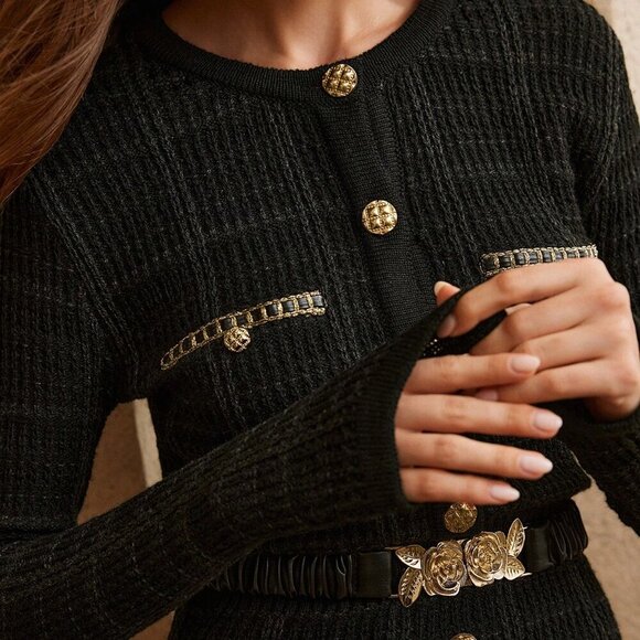 Black Elegant Women's Fitted Chain Decor False Pocket Bodysuit - Picture 2 of 6